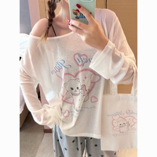 Sunscreen cover shirt 可愛慵懶風長袖辣妹薄款防曬T恤卡通罩衫斜肩寬鬆上衣 cheng71.my