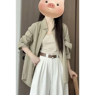《現貨下單》寬鬆休閒防曬小外套襯衫上衣夏季新款設計感小眾長袖綠色襯衫外套女上衣短版上衣短袖襯衫女襯衫女短袖女生襯衫條紋襯