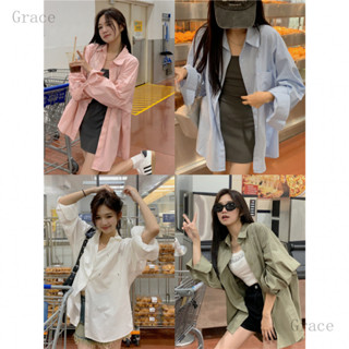 臺灣齣貨Grace 多巴胺糖果素色寬鬆休閒夏季減齡防曬襯衫外套 長袖襯衫 防曬上衣