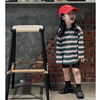 Smile Kids 女童長袖 臺灣出貨 女童套裝秋季兒童洋氣休閒綠色條紋長袖T恤上衣黑色打底褲兩件套