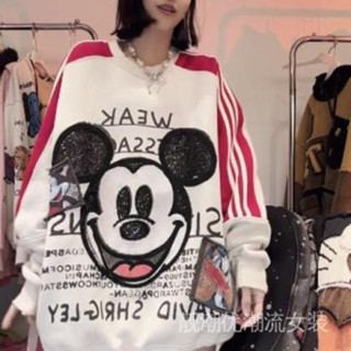 大尺碼女裝 長袖上衣 特大碼300斤韓版圓領重工撞色卡通米奇織帶亮片歐貨加絨衛衣胖mm