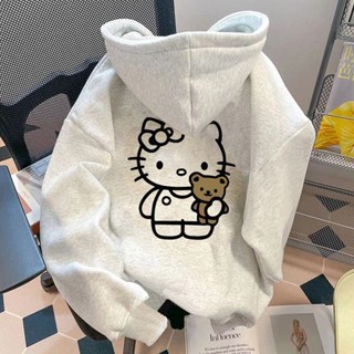 卡通可愛 Hello Kitty 小熊印花寬鬆秋季百搭連帽女連帽衫休閒情侶長袖上衣