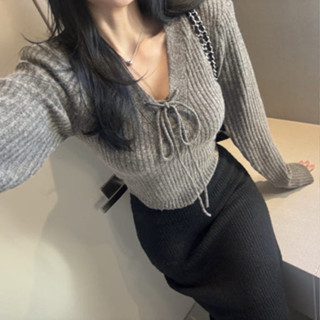 韓國chic早春新款性感係帶顯瘦長袖針織衫毛衣上衣