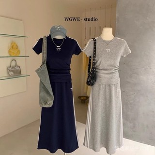休閒運動套裝女蝴蝶刺繡短袖上衣+鬆緊腰半身裙時尚兩件套潮（快速髮貨）