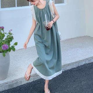 法式氣質減齡蕾絲拚接連衣裙女2025夏季新款韓版寬鬆顯瘦牛仔長裙