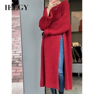 ielgy 慵懶風長款紅色開叉針織毛衣女韓版寬鬆毛衣