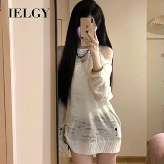 IELGY 露肩破洞白色鏤空針織毛衣女寬鬆百搭上衣