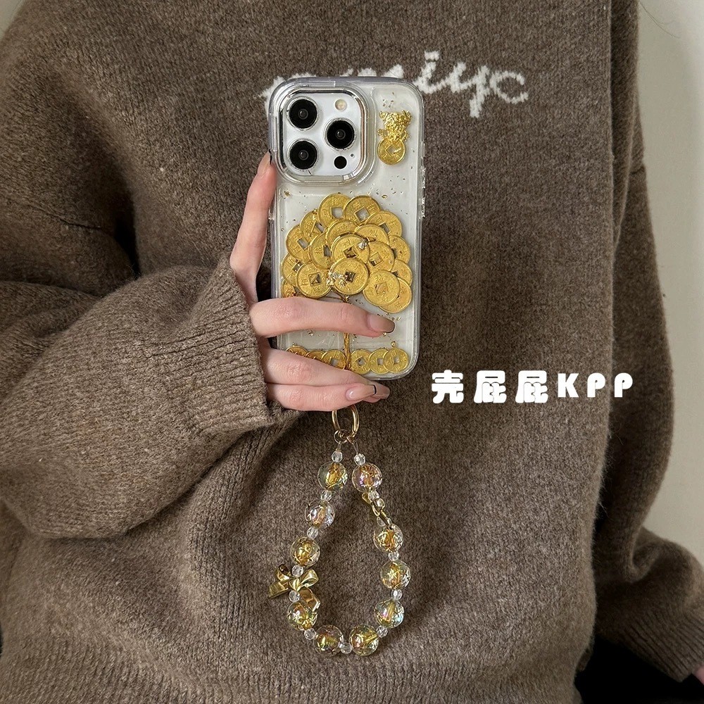 手機殼 金幣發財樹ins韓系蘋果16ProMax手機殼iPhone15pro透明14pro鏈條