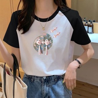 愛依依 大碼女裝 短袖T恤 印花上衣 插肩袖上衣 S-4XL夏季洋氣百搭撞色上衣中國風女裝-3601.