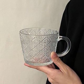 牛奶飲料杯玻璃馬克杯辦公室喝水杯泡茶杯[S427]簡約海棠花把杯玻璃杯ins風複古冰咖啡杯珠點條紋早餐麥片牛奶杯