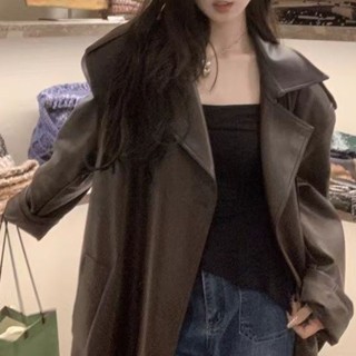 [Ginie]COD現貨 免運 AST重工皮衣中長款歐美辣妹設計感風衣外套女2025春秋PU皮過膝大衣潮速髮425