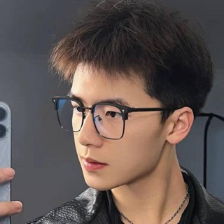 XJ*現貨+預購 【眉線設計】黑色半框眼鏡框 男款大臉眼鏡 復古理工男士眉線眼睛框鏡架