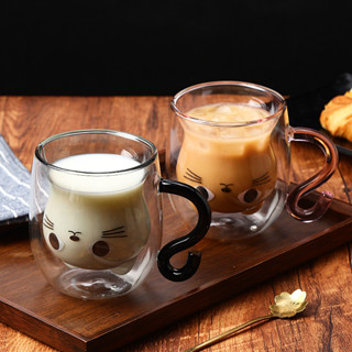 可愛的馬克杯貓茶雙層玻璃咖啡杯、濃縮咖啡小酒杯、牛奶杯(250 毫升)、個人生日禮物和節日禮物