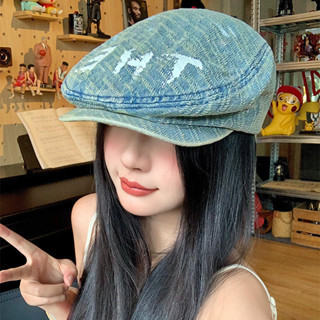 美式街頭復古字母塗鴉前進帽夏季牛仔水洗做舊貝雷帽