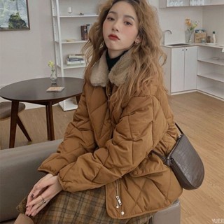 桃園出貨❀寬鬆菱格麵包服秋冬拼接毛領保暖加厚棉襖外套女 大尺碼外套 女生外套 羽絨棉服 棉衣 外套女 冬天外套