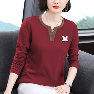 媽媽裝2024秋季新款長袖女T恤撞色V領小眾設計寬鬆顯瘦拚接上衣