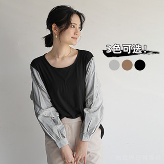 棉世界 樂天女裝日系拚色拚接花邊圓領長袖上衣女T 套頭寬鬆春鞦通懃上衣女裝日韓服飾 簡約設計
