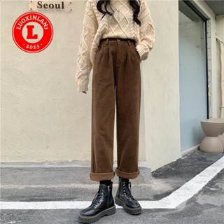 現貨.顯瘦長褲 韓版刷毛加厚燈芯絨寬褲子女冬季2021年新款顯瘦寬鬆高腰休閒直筒褲 美式復古 長褲 顯瘦 七分褲