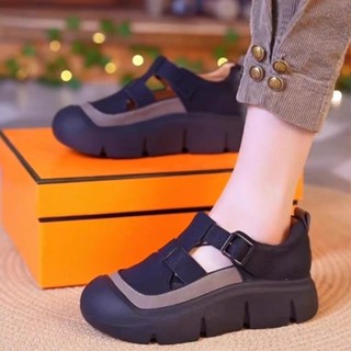 Xuan.選 皮麵厚底包頭涼鞋鏤空透氣單鞋女20年夏新款軟底軟麵舒適洞洞鞋