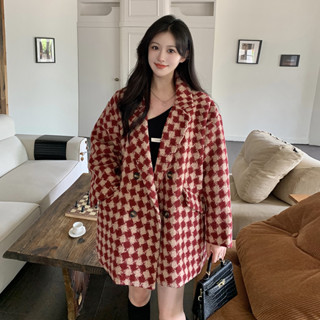 實拍 韓版格子西裝毛呢外套女加厚冬季新款小個子顯瘦呢子大衣