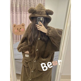 【睡衣專賣鋪】高顏值小熊睡衣女冬季長款睡袍ins風珊瑚絨加絨加厚宿舍居家外出