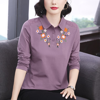 媽媽裝2024秋季新款長袖女士刺繡T恤高階感小眾設計寬鬆上衣