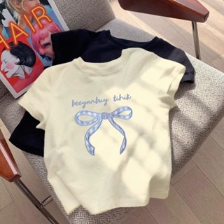 Hi❤baby🌈【現貨】女童上衣 短袖T恤 夏季新款 簡約百搭 蝴蝶結 海洋藍 正肩短袖 公主風上衣