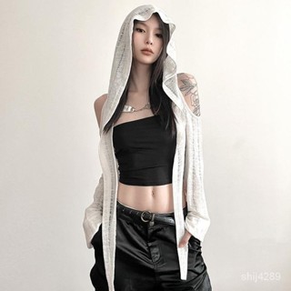 廢土風 廢土風上衣 歐美辣妹 辣妹風 千禧辣妹 Y2K 辣妹上衣 早秋個性街頭風長袖T恤女鏤空連帽罩衫設計感美式純色百