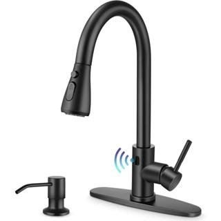 非接觸式廚房水槽水龍頭，帶下拉式噴霧器，啞光黑色不銹鋼運動傳感器水龍頭，帶皂液器