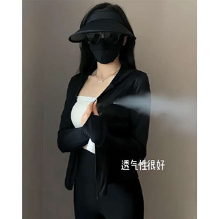 排汗衣 polo衫女 排汗衫 黑色冰絲防曬衣女款夏季2025新款緊身瑜伽服外套緊身收腰外搭上衣