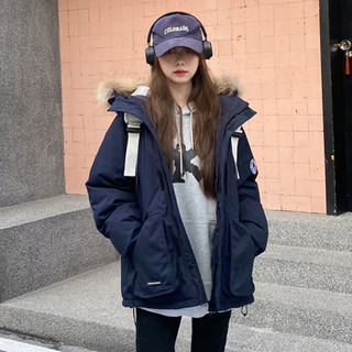 藏藍色工裝羽絨棉服派剋服女小個子韓係休閒寬鬆冬季毛領加厚外套