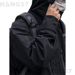 HANG57男士戶外機能夾剋 黑色寬鬆防水防風 連帽工裝夾剋 鞦鼕戶外衝鋒衣