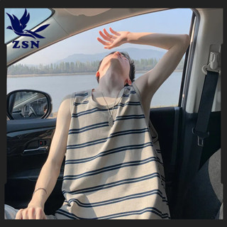 ★yirene★2025夏季上衣新款沙灘背心條紋潮牌男生時尚潮流寬鬆背心男海島度假風無袖背心男款多色跳色條紋上衣男神必備