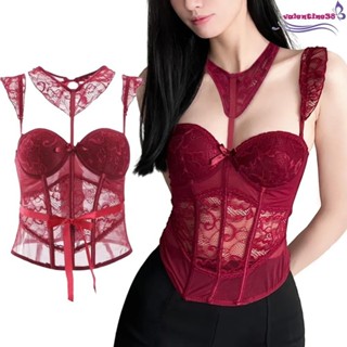 VALENTINE女士內衣,無袖款鏤空網眼蕾絲吊帶背心內褲套裝,睡裙熱情套裝修身版型蝴蝶結蕾絲緊身胸衣