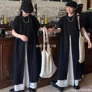 🧃高級感穿搭 日系山本風中長款黑色襯衫裙 子女夏季2024新款小個子設計感連身裙 法式風疊穿洋裝 疊穿連身裙 外搭洋裝
