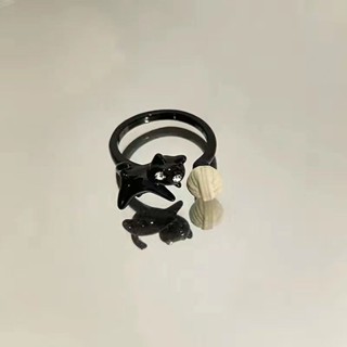 🤍小心思 黑色貓咪戒指 女ins小眾設計感開口可調節指環卡通搞怪套戒食指戒 韓系戒指 ins風戒指 ins指環