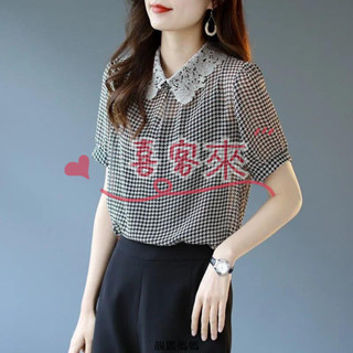 喜客來✨大尺碼短袖t恤女短袖上衣女上衣女短袖千鳥格蕾絲拼接雪紡衫薄款小衫夏季新款短袖顯瘦時尚上衣女【N】