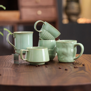 5入職人手作陶瓷咖啡杯190-310ml｜義式寬口拉花專用｜翡翠釉色溫潤防滑｜獨立禮盒包裝｜臺灣免運