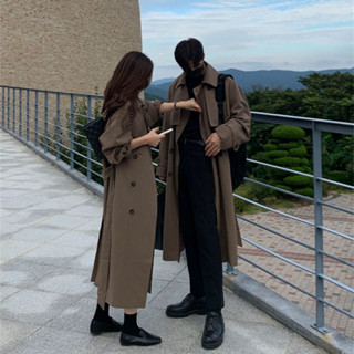 秋冬情侶風衣中長款韓版潮流男女同款過膝寬鬆高級感休閒大衣外套pearl1tw20250507