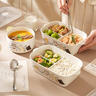 tempat nasi 便當盒 便攜微波飯盒 好多貓便當盒帶蓋便攜陶瓷餐具上班族專用分格保鮮飯盒微波爐加熱