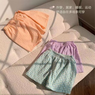 睡衣 夏天格子遛彎短褲女睡褲ins風運動高腰顯瘦闊腿寬鬆休閒褲子