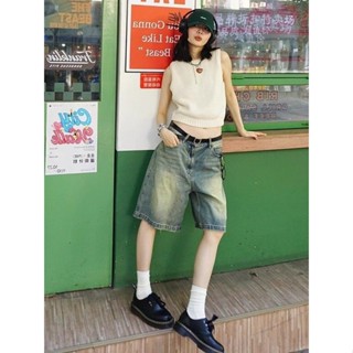 🍩夏日 大碼美式復古牛仔短褲 女夏季新款水洗高腰寬鬆直筒褲 中褲 五分褲子 牛仔短褲 牛仔短褲女 熱褲