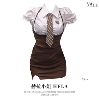 NANA女裝優選🤩HELA胖mm 美式學院風複古 包臀裙套裝女 夏純慾弔帶 連衣裙襯衫 兩件套