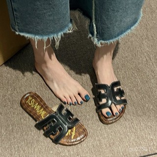 涼拖鞋防滑原廠貨外穿休閒ins夏季軟底涼鞋牛皮平底女鏤空一字拖H