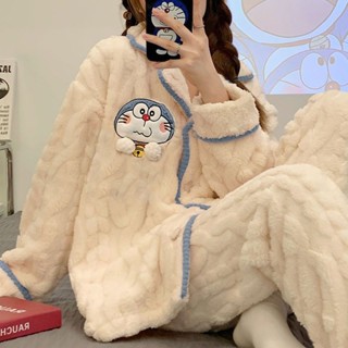 【有幸時光】韓版ins可愛哆啦睡衣 珊瑚絨睡衣女 春秋冬季加厚睡衣 學生家居服 睡衣套裝 可外穿睡衣 毛絨保暖睡衣