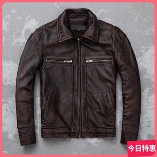 新店特惠+今日促銷價#皮外套 男 皮衣外套 皮夾剋 新款頭層牛皮翻領複古機車石磨做舊男士真皮修身皮夾剋外套