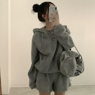 韓國chic冬季新款複古寬鬆連帽上衣+短褲兩件套裝