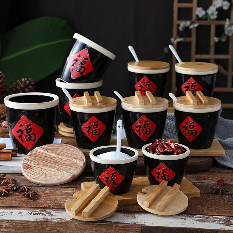 優質🥇創意小福字缸小醬缸 福缸小陶瓷調料調味缸陶瓷酒店辣椒復古調味罐 小酒甕🍶有蓋子💯醃缸 醬缸 紅槽缸