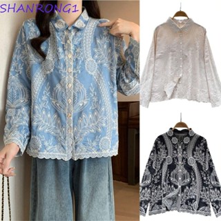 SHANRONG1刺繡蕾絲上衣,羊毛衫不規則下擺女士襯衫,民族風格翻領甜的花卉襯衫女士女孩