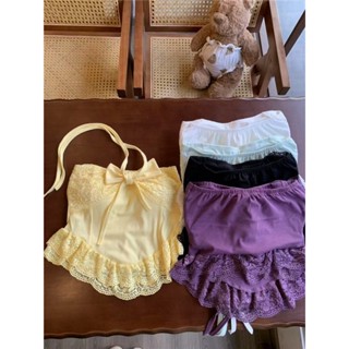【HOT 本舖】 法式甜美蝴蝶結蕾絲掛脖吊帶背心女夏季辣妹顯瘦短款抹胸上衣